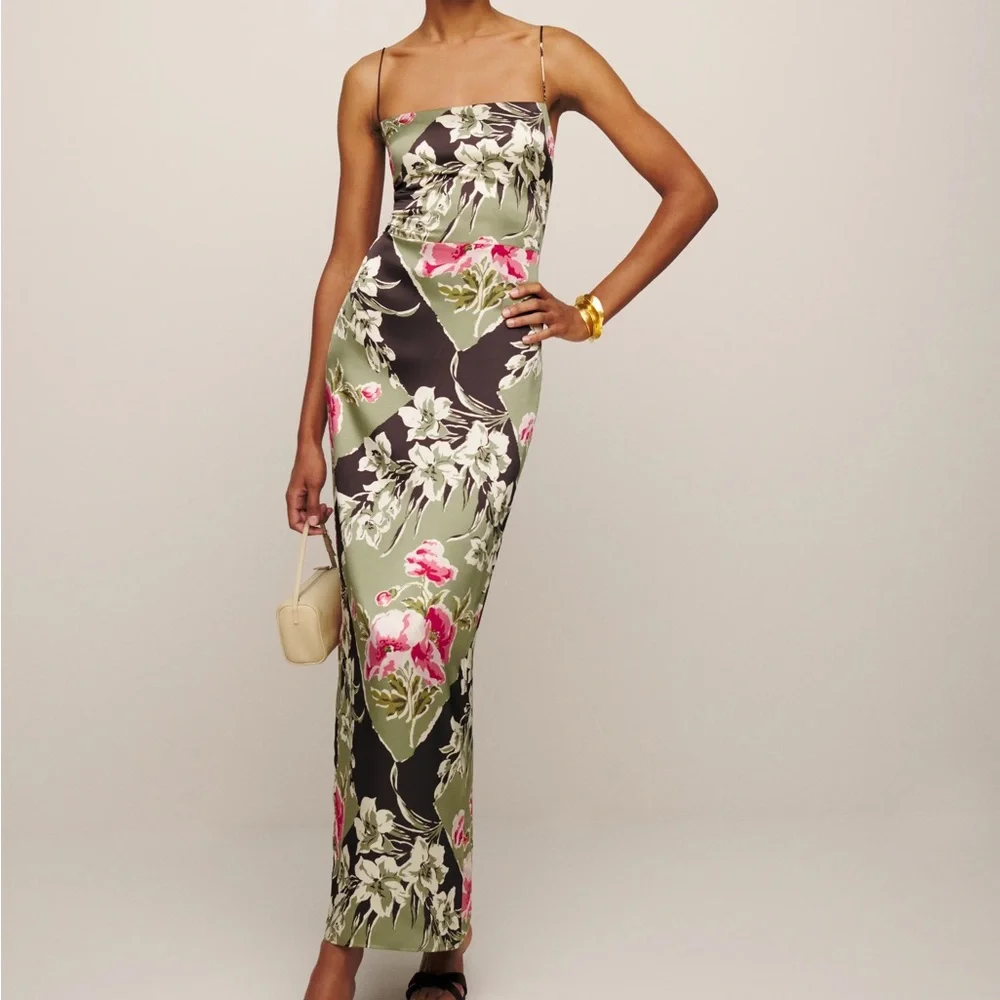 Reformation Slip Maxi Dress in Olive and Black - Picture 3 of 8